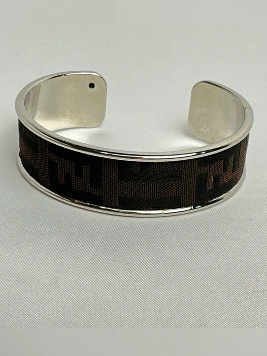 FENDI Brown Monogram Cloth Canvas Silver Cuff Bangle Bracelet - Picture 5 of 8